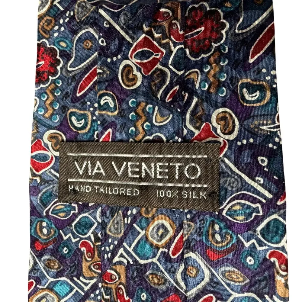 Via Veneto Hand Tailored Silk Tie 90s Abstract Vtg Geometric